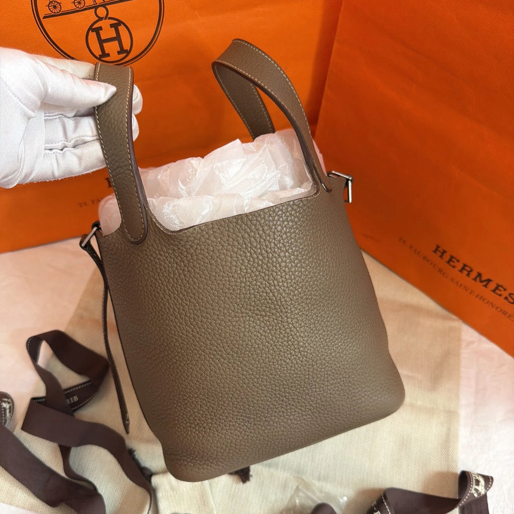 Excellent Hermes Picotin18 Tote Gray Handbag Silver Hardware with Key and Lock