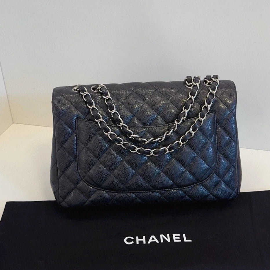 Chanel Classic Flap Jumbo Chain Shoulder Bag Crossbody Black Silver Women