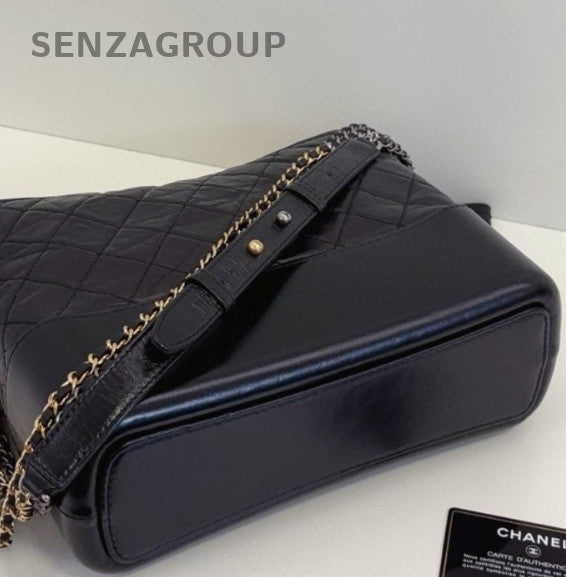 Chanel Gabrielle MM Diamond Chain Shoulder Bag Black Silver Women Classic