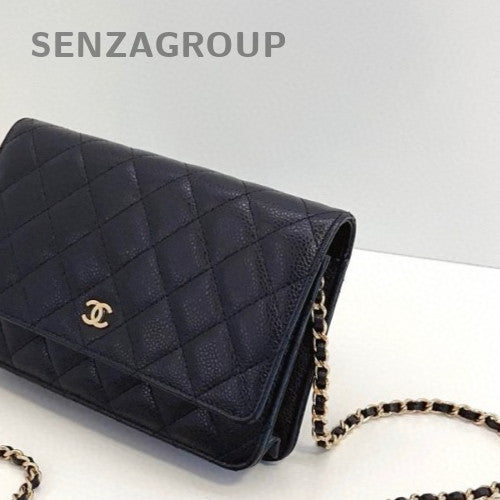 Chanel WOC Chain Shoulder Bag Crossbody Black Gold Used Women Classic Diamond