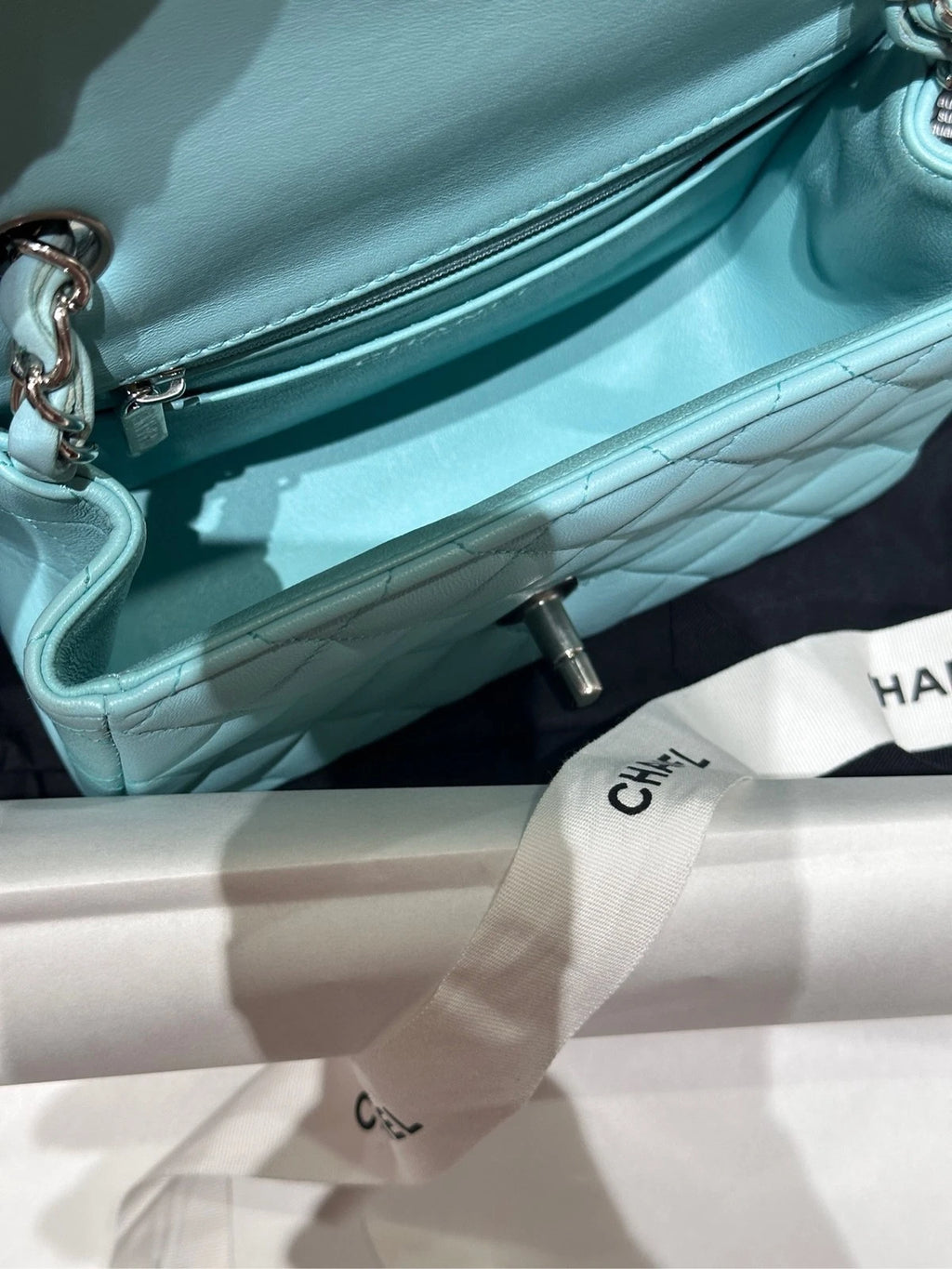 Chanel Tiffany Blue Calfskin Square Crossbody Bag For Women