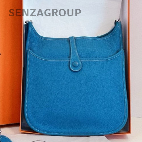 HERMES Evelyne Epsom Leather Shoulder Bag Crossbody Blue Silver Used Women