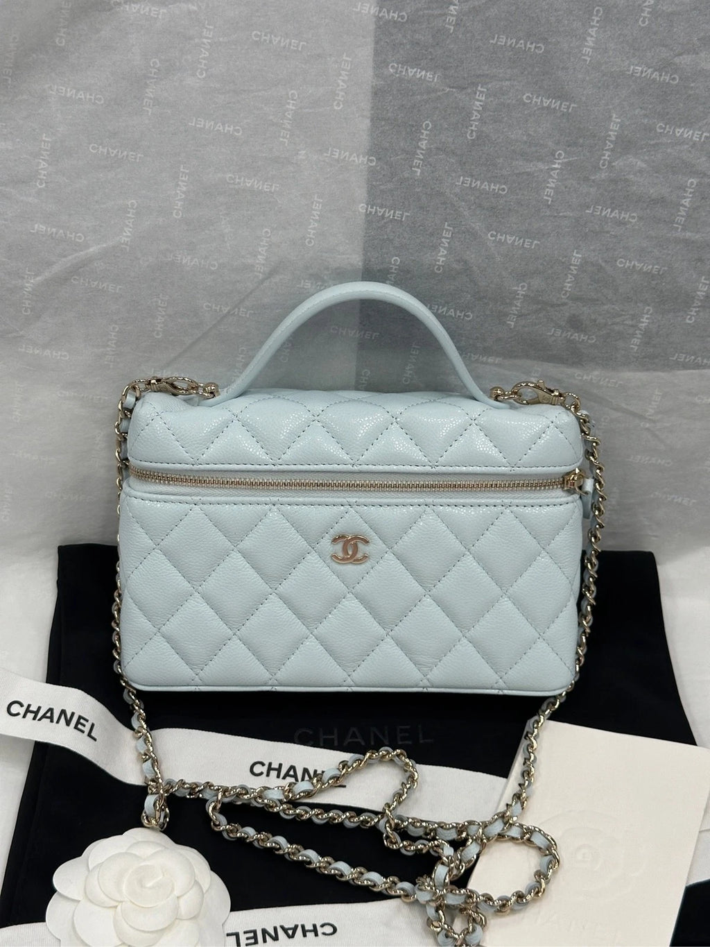 Chanel Light Blue Leather Detachable Gold Chain Lunch Box Bag For Women