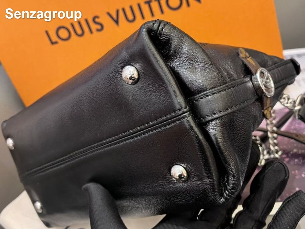 Louis Vuitton Carryall BB Lambskin Chain Shoulder Bag Black Silver Women Classic