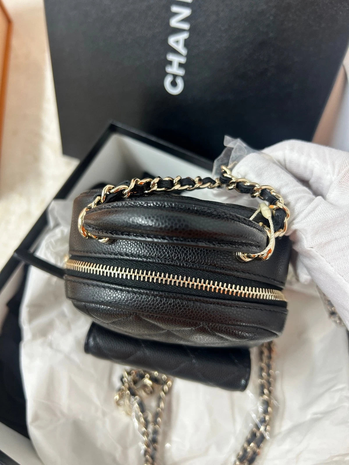 CHANEL Mini Black Gold Leather Backpack For Women