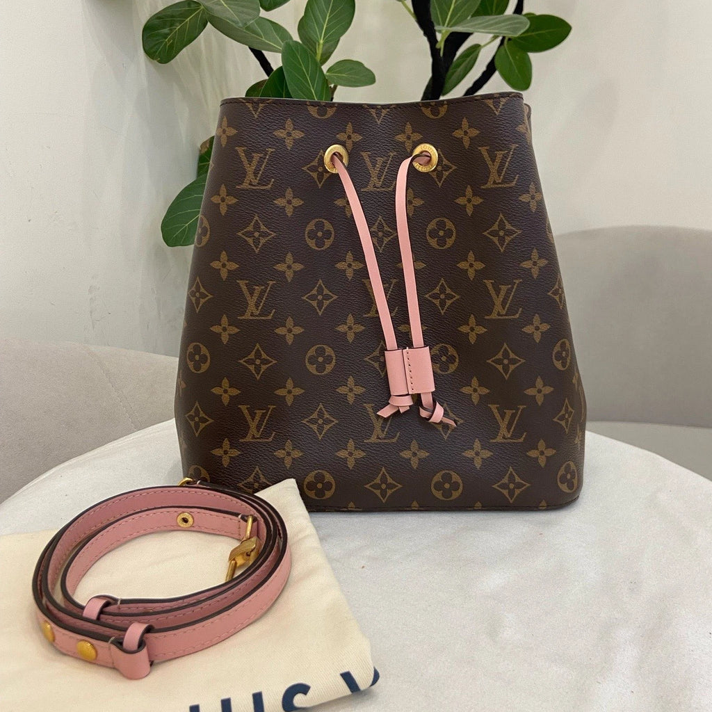 Louis Vuitton Noe Monogram Bucket Shoulder Crossbody Brown Pink Gold Women