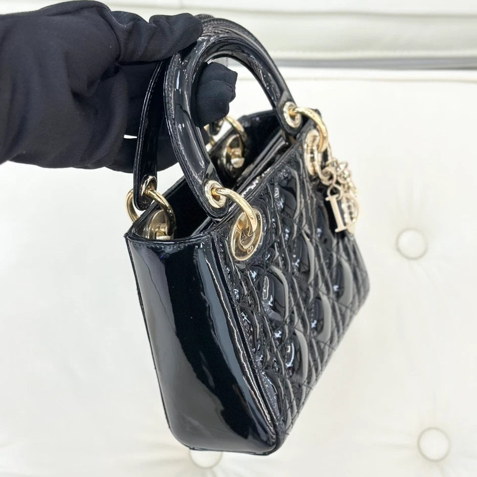 Dior Lady Dior Black Gold Crossbody Top Handle Excellent