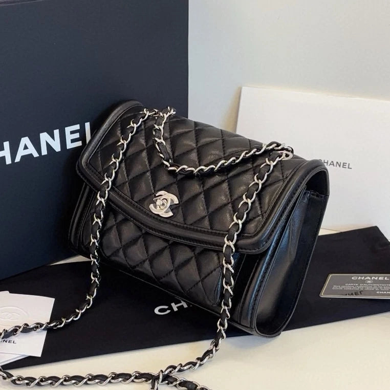 Chanel Classic Flap PM Chain Shoulder Crossbody Black Silver Diamond Women
