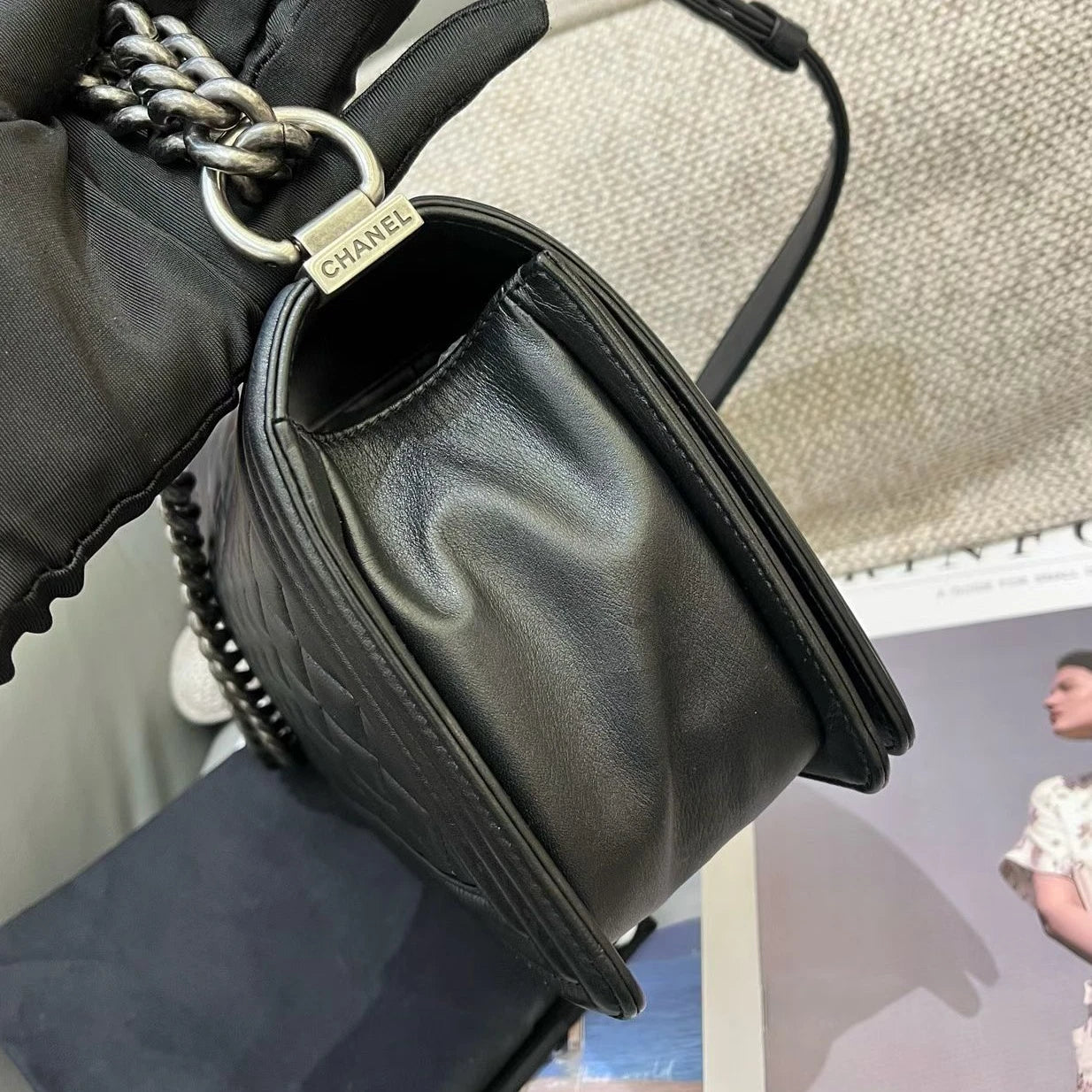 Chanel Leboy MM Calfskin Chain Shoulder Crossbody Black Silver Women Classic
