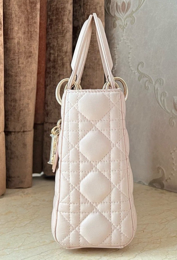 Christian Dior Lady PM Lambskin in Rose Pink with Wicker pattern Top Handle bag