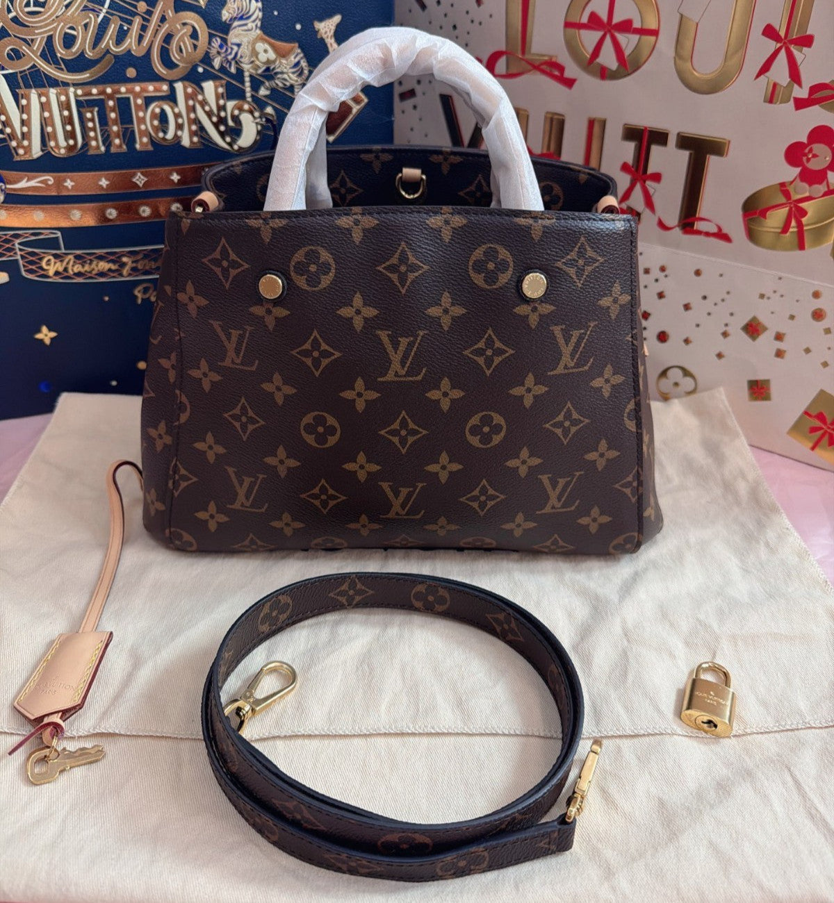Louis Vuitton Montaigne BB Monogram Top Handle Crossbody Brown Women Classic