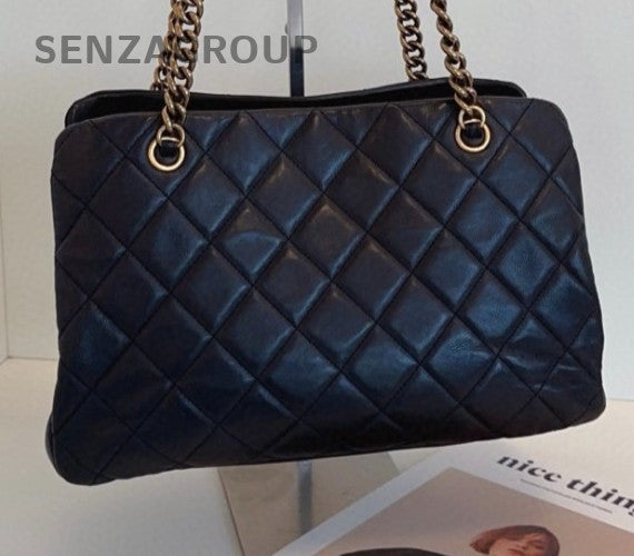 Chanel Calfskin Chain Tote Shoulder Bag Black Gold Women Classic Vintage