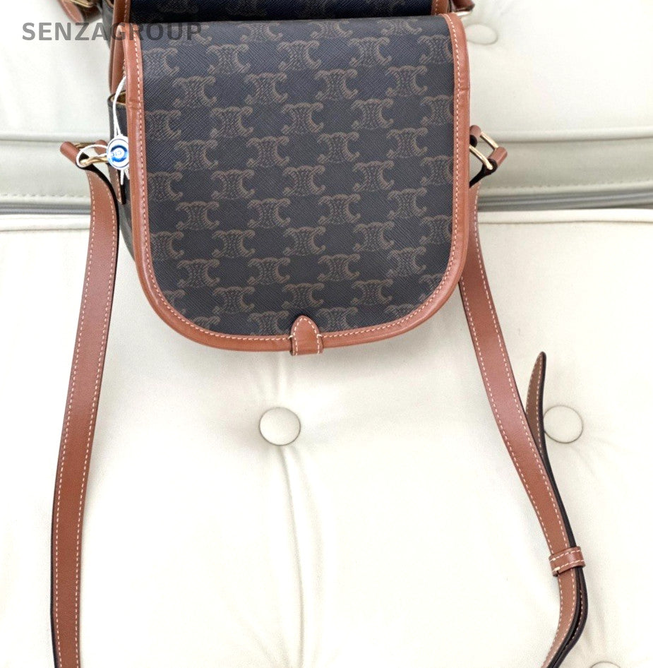 Celine Triomphe Canvas Calfskin Saddle Shoulder Bag Brown Almost Brand New