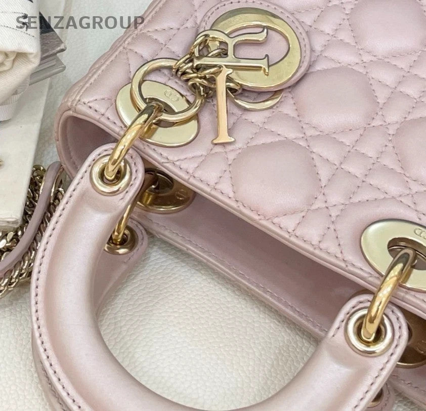 Christian Dior Lady Dior Chain Crossbody Top Handle Bag Pink Gold Women Classic