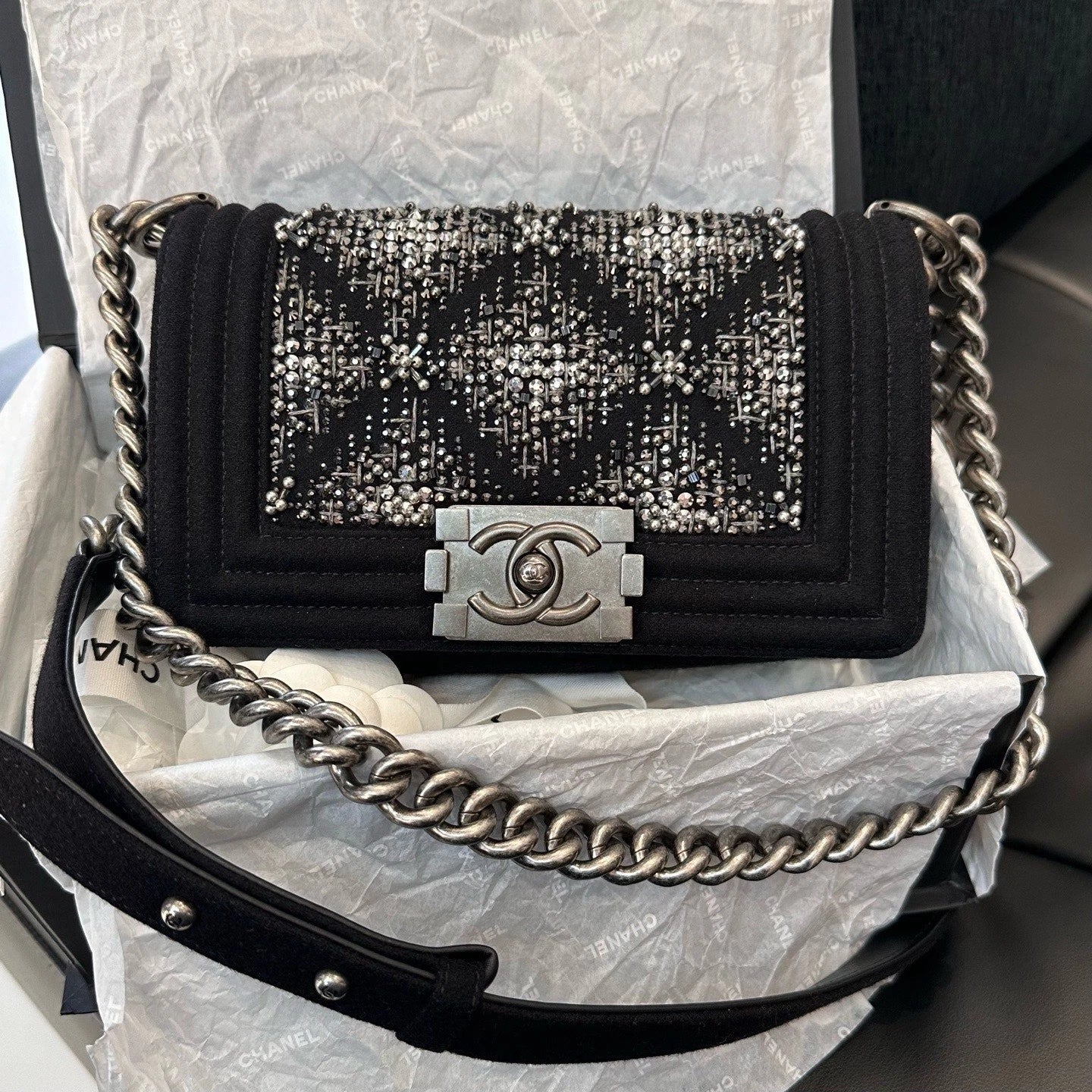 Chanel Leboy PM Chain Shoulder Crossbody Black Silver Women Classic