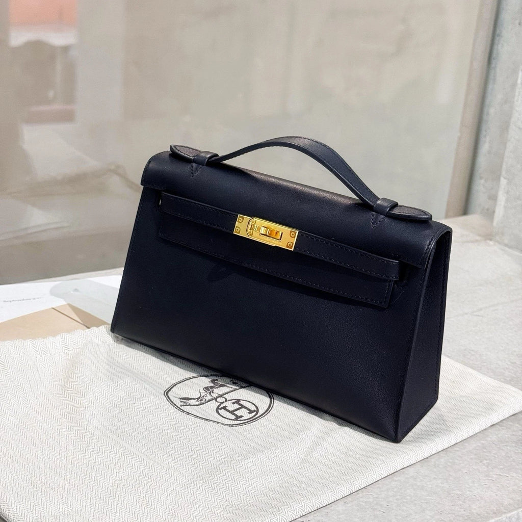 Hermes Black Gold Leather Mini Kelly Top Handle Bag For Women