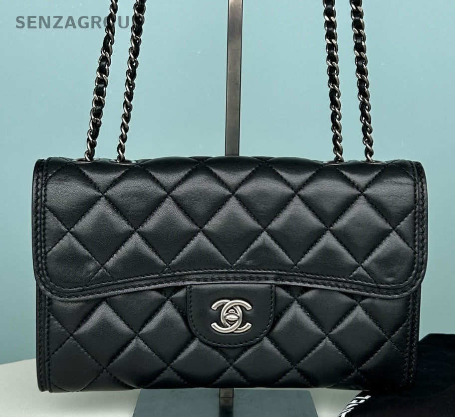 Chanel WOC Lambskin Chain Diamond Shoulder Bag Crossbody Black Silver Women