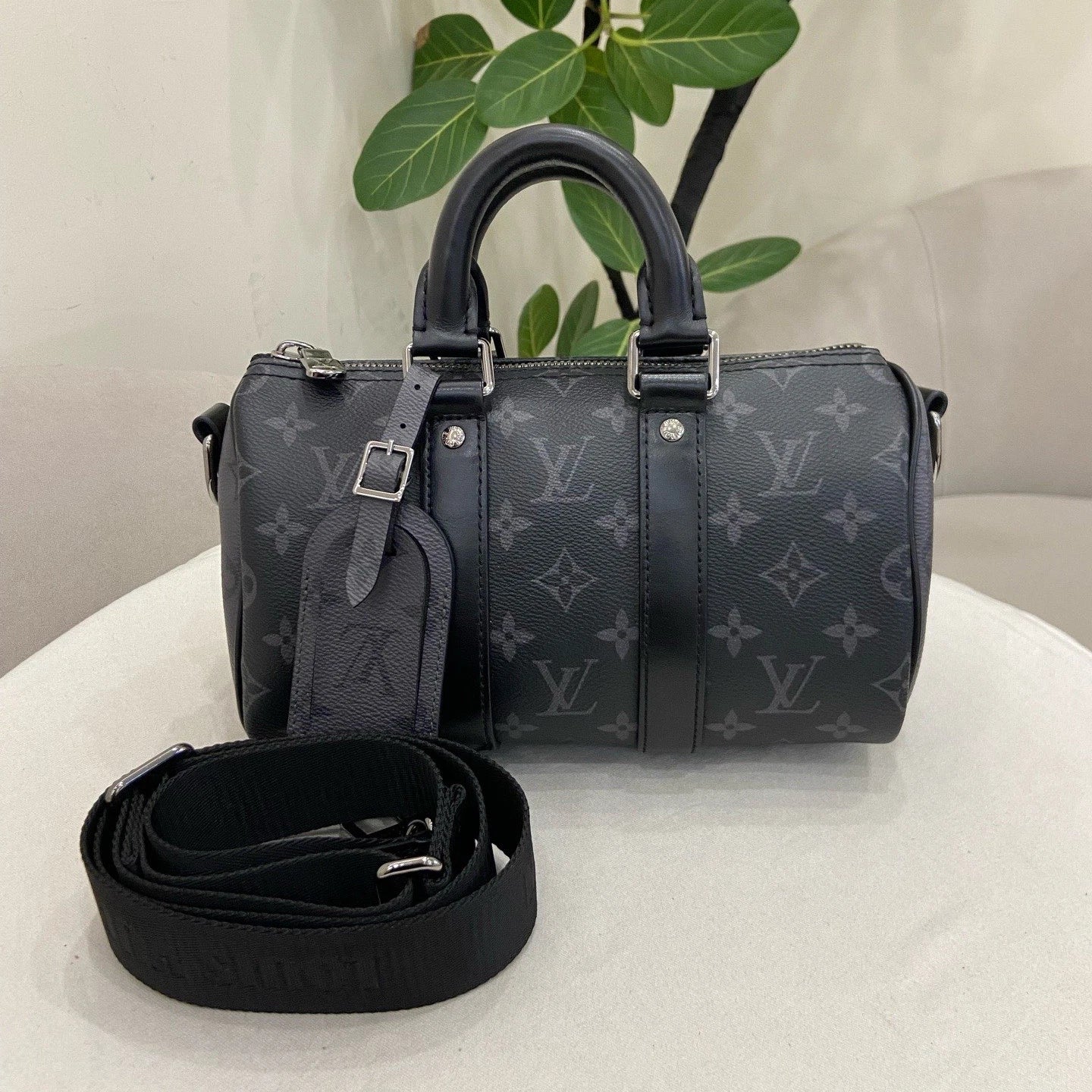 Louis Vuitton Keepall25 Top Handle Crossbody Black Silver Unisex Adults