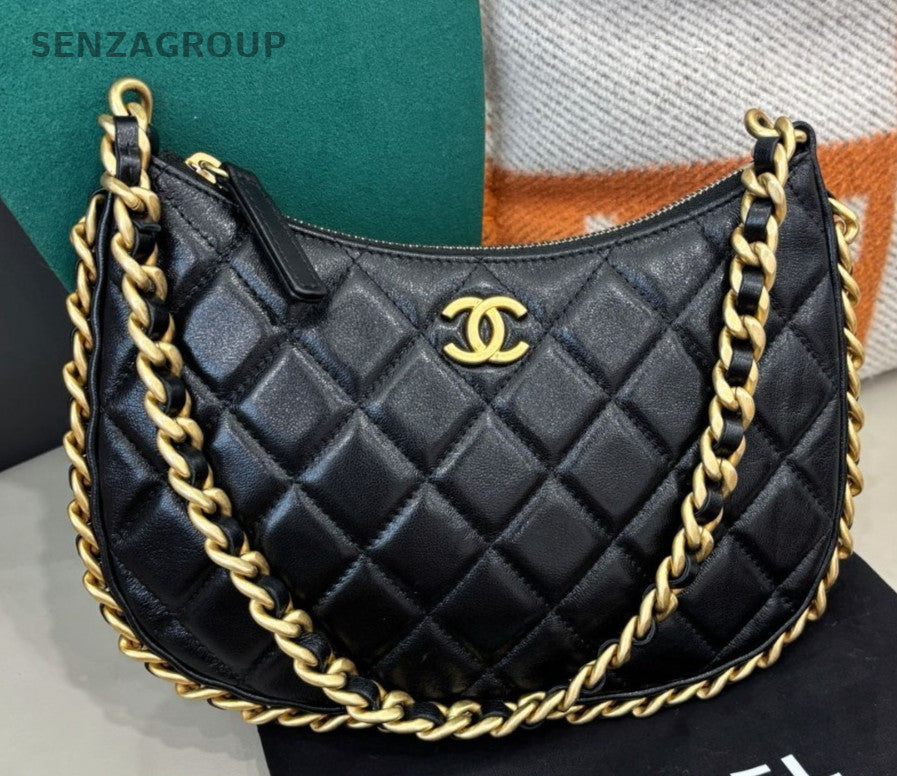 Chanel 23B Hobo Chain Shoulder Bag Diamond Black Gold Women Classic Fashion