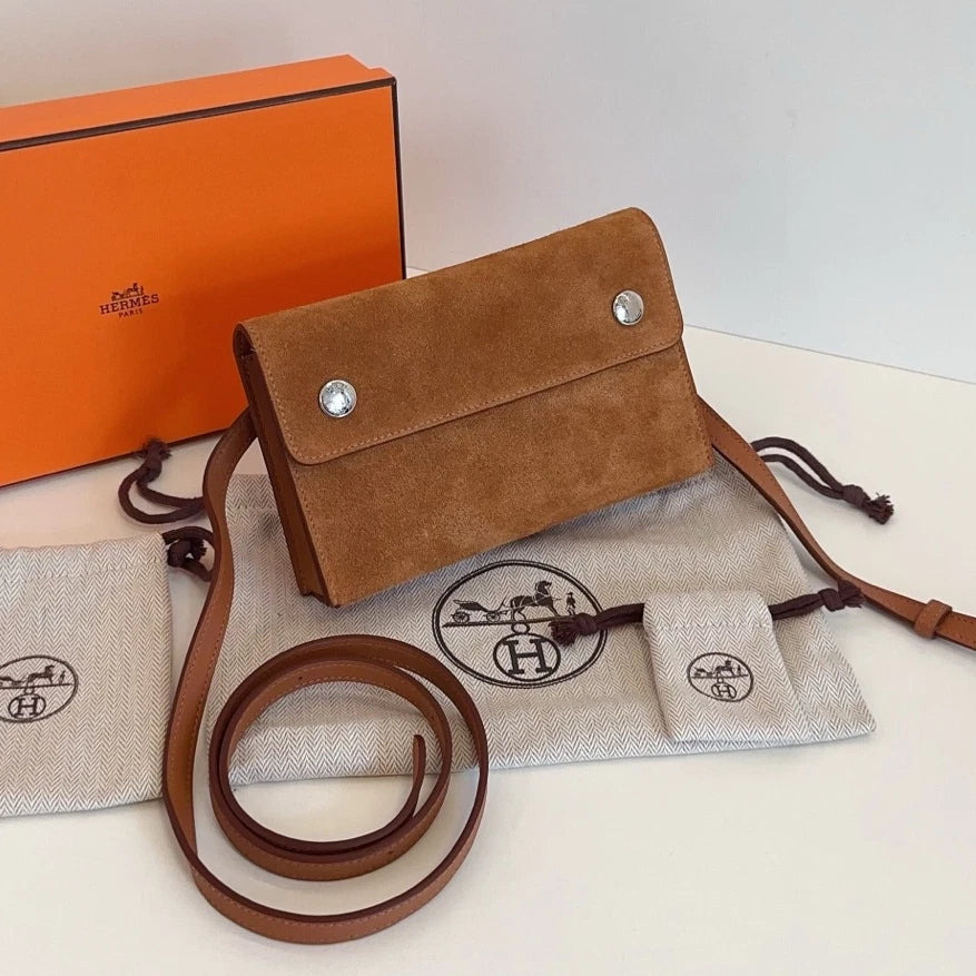 Hermes Snap Wallet Suede Crossbody Brown Silver Used Women Classic
