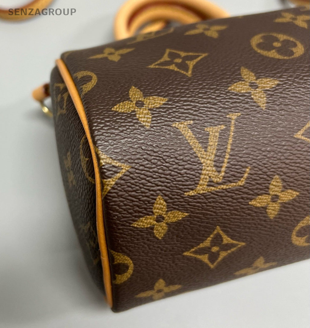 Louis Vuitton Speedy Nano Monogram Top Handle Bag Crossbody Brown Gold Women