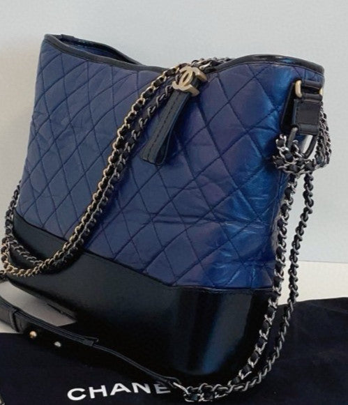Chanel Gabrielle Maxi Chain Shoulder Bag Blue Silver Unisex Adults Classic