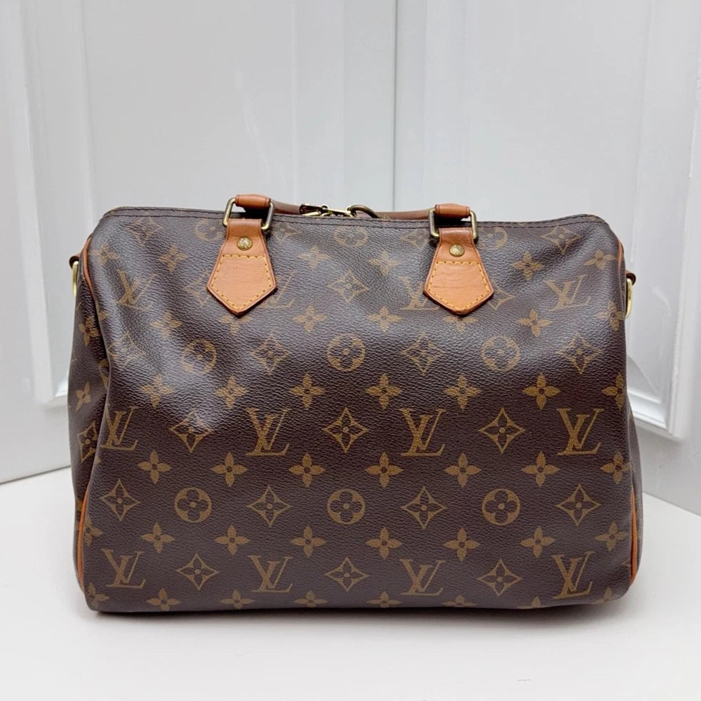 Louis Vuitton Speedy 30 Tote Top Handle Crossbody Bag Brown Gold Women Fashion