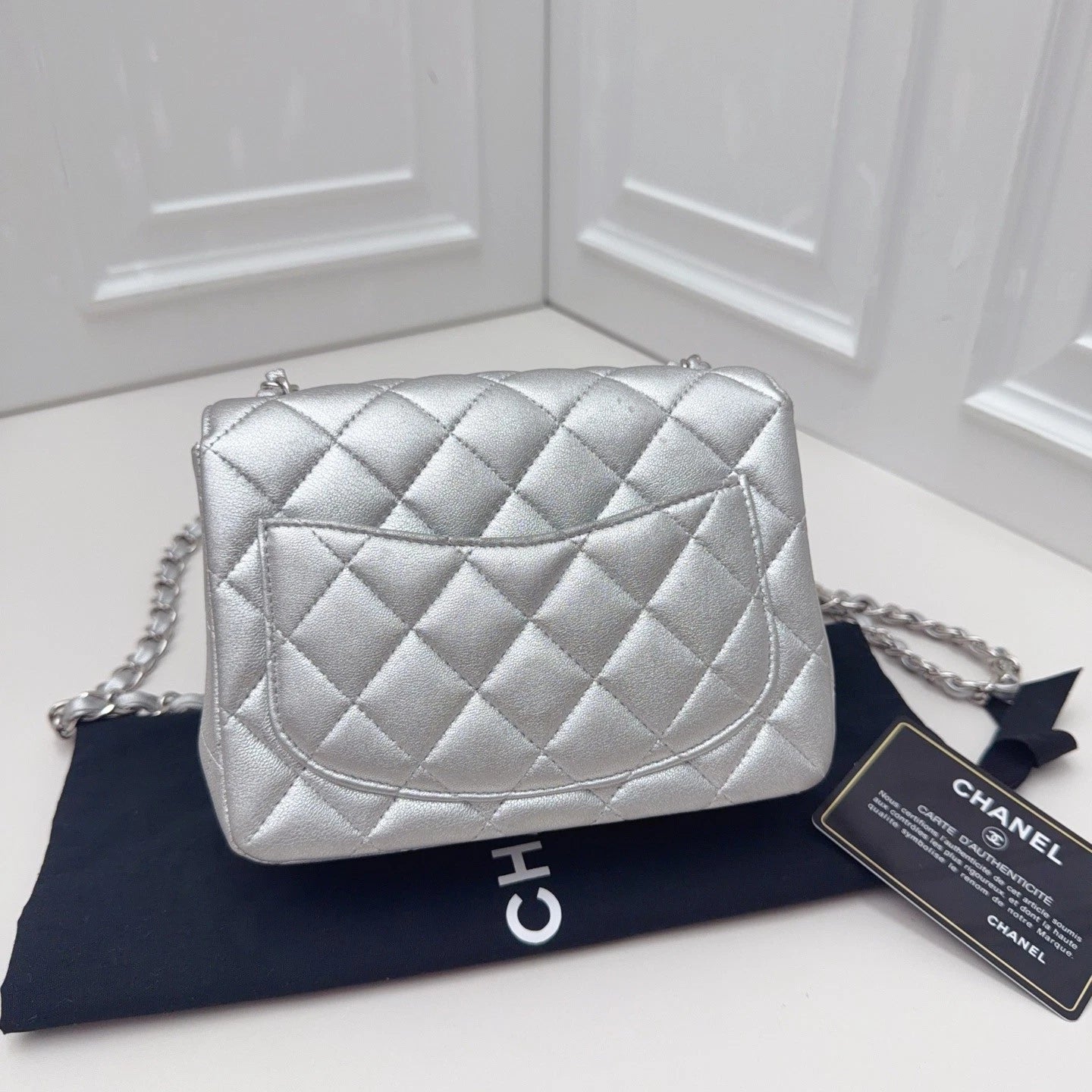 Chanel Classic Flap MINI Chain Shoulder Crossbody Bag Silver Women Classic