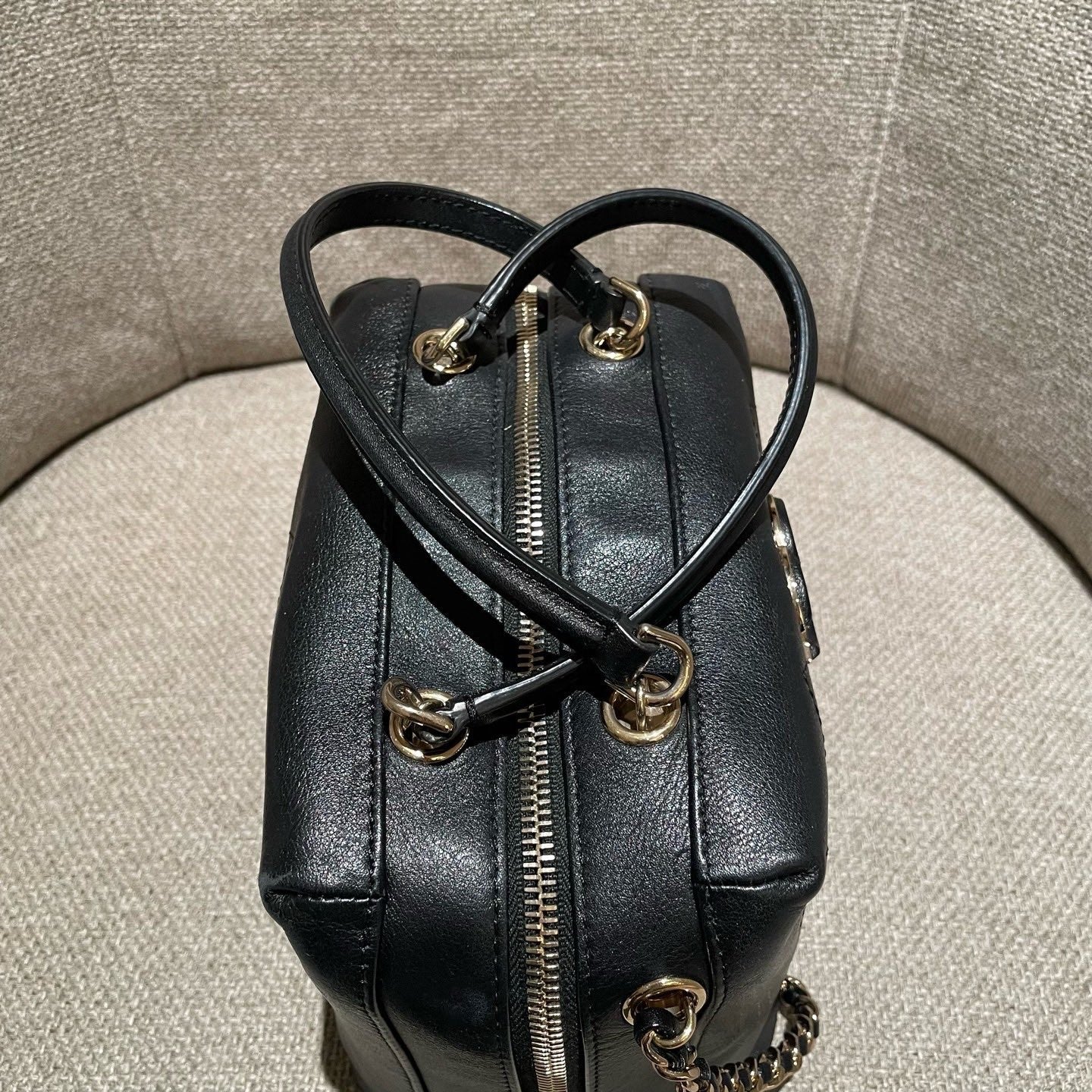 Chanel Calfskin Diamond Box Top Handle Shoulder Bag Black Gold Women Classic