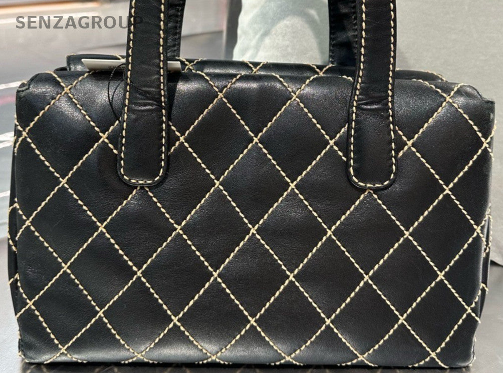 Chanel Calfskin Diamond Pattern Top Handle Bag Black Used Women Classic