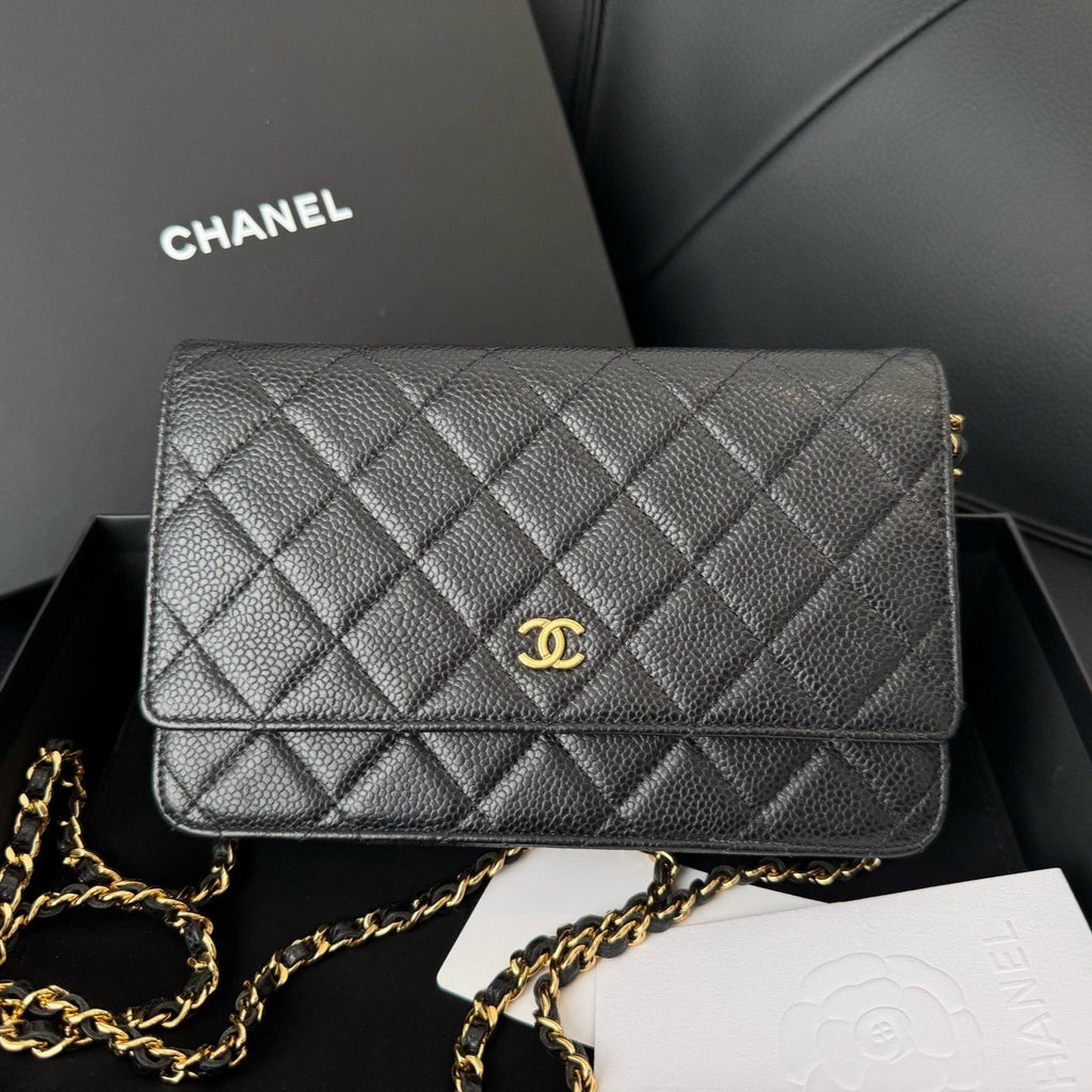 Chanel Calfskin WOC Chain Shoulder Bag Crossbody Women Black Gold Diamond