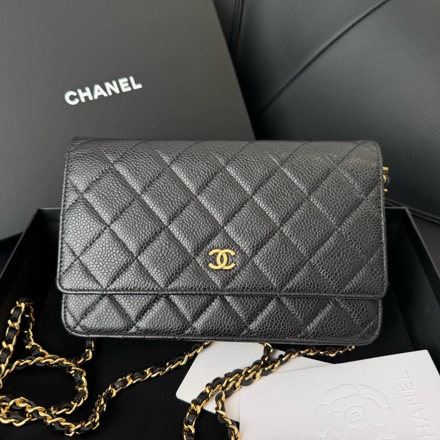 Chanel Calfskin WOC Chain Shoulder Bag Crossbody Women Black Gold Diamond