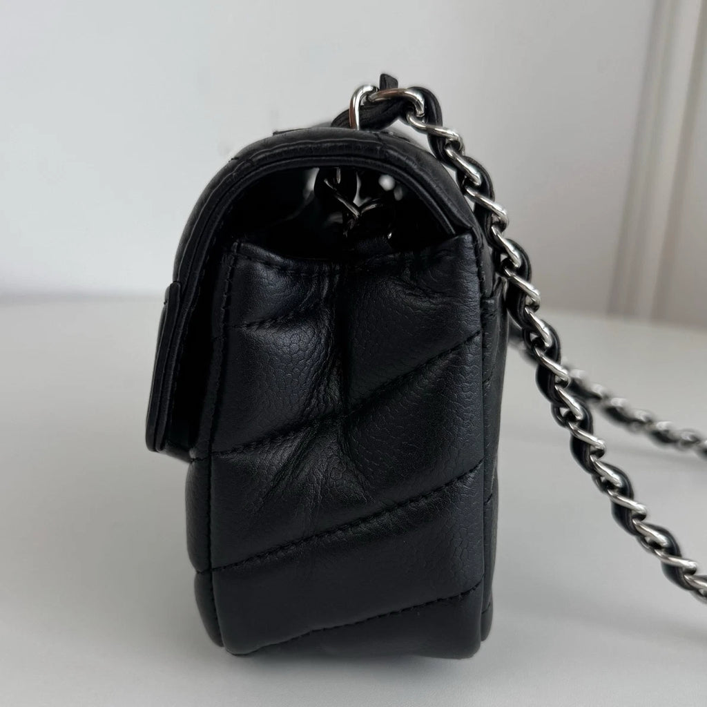 Chanel Chevron Calfskin Mini Chain Black Shoulder Bag Crossbody Silver Hardware