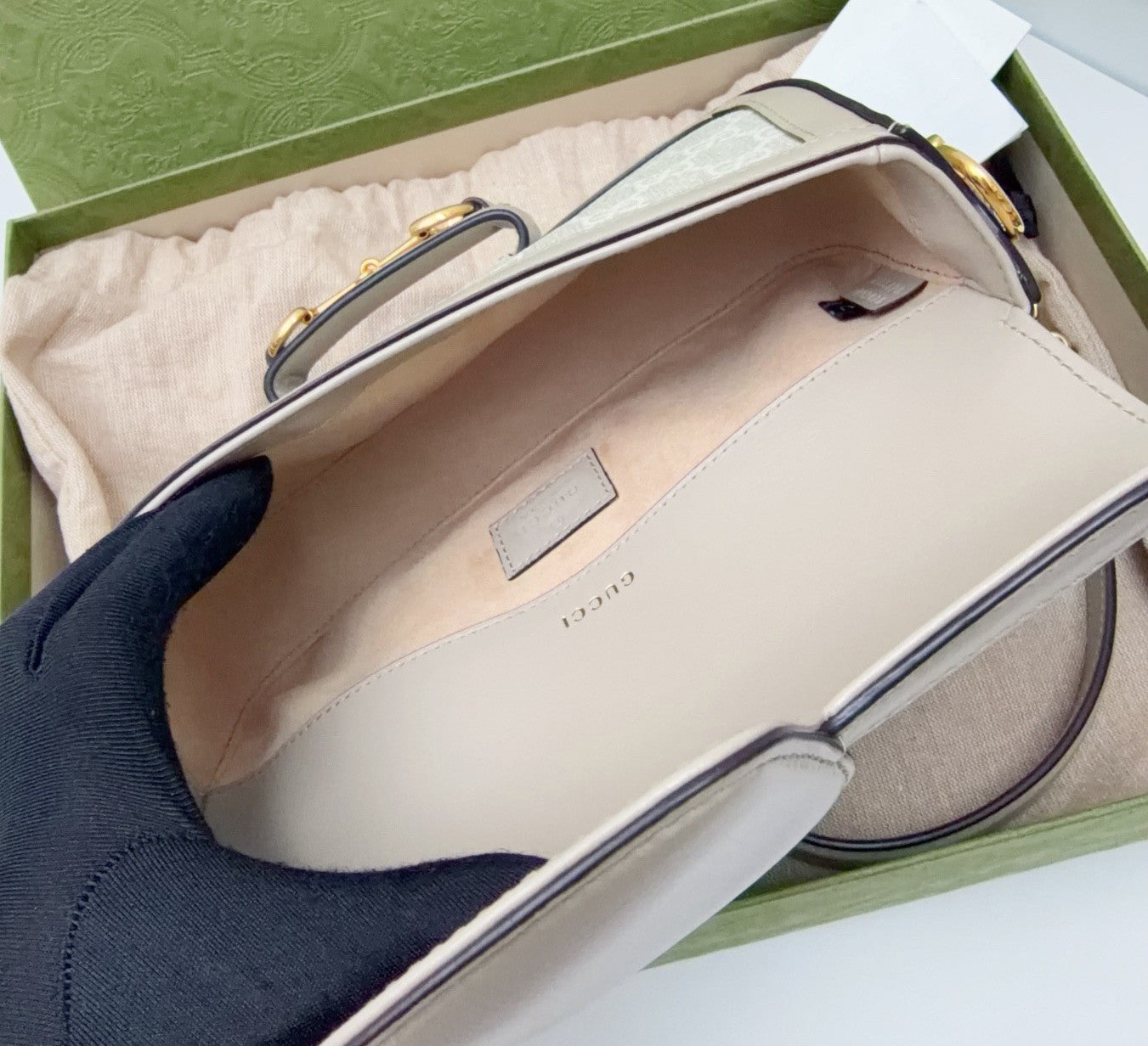 Gucci Horsebit1955 Chain Shoulder Bag Beige Gold Used Women Classic Fashion