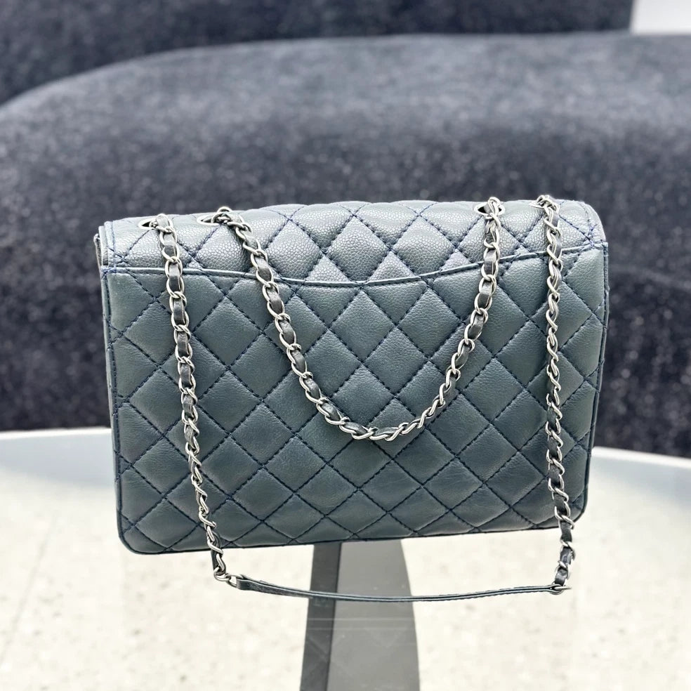 Chanel Diamond GM Calfskin Chain Shoulder Crossbody Olive Green Silver Women