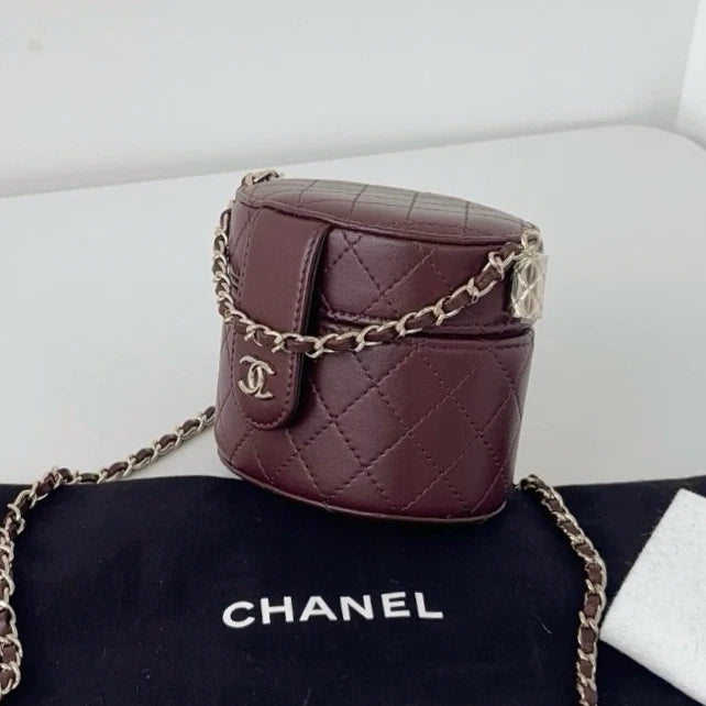 Excellent Chanel Cylindrical Makeup Box Mini Gold Chain Red Handbag Crossbody