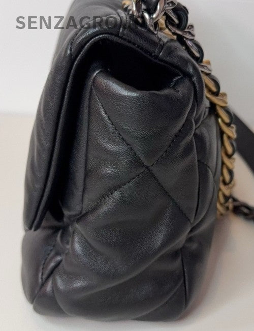 Chanel 19 CC Logo Diamond Pattern Chain Shoulder Bag Black Gold Women Classic