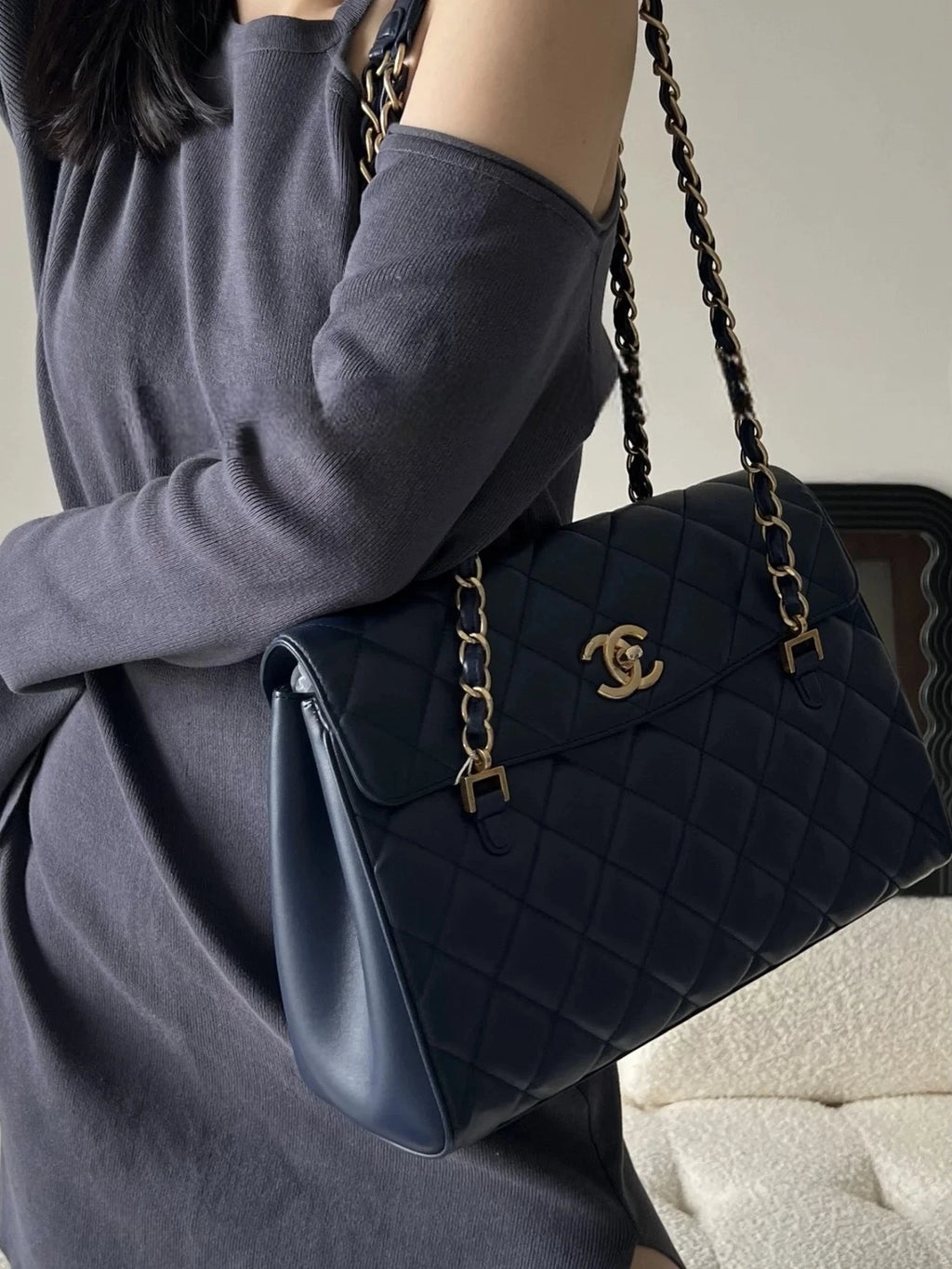 Chanel Diamond Tote Chain Shoulder Bag Blue Gold Used Women Classic