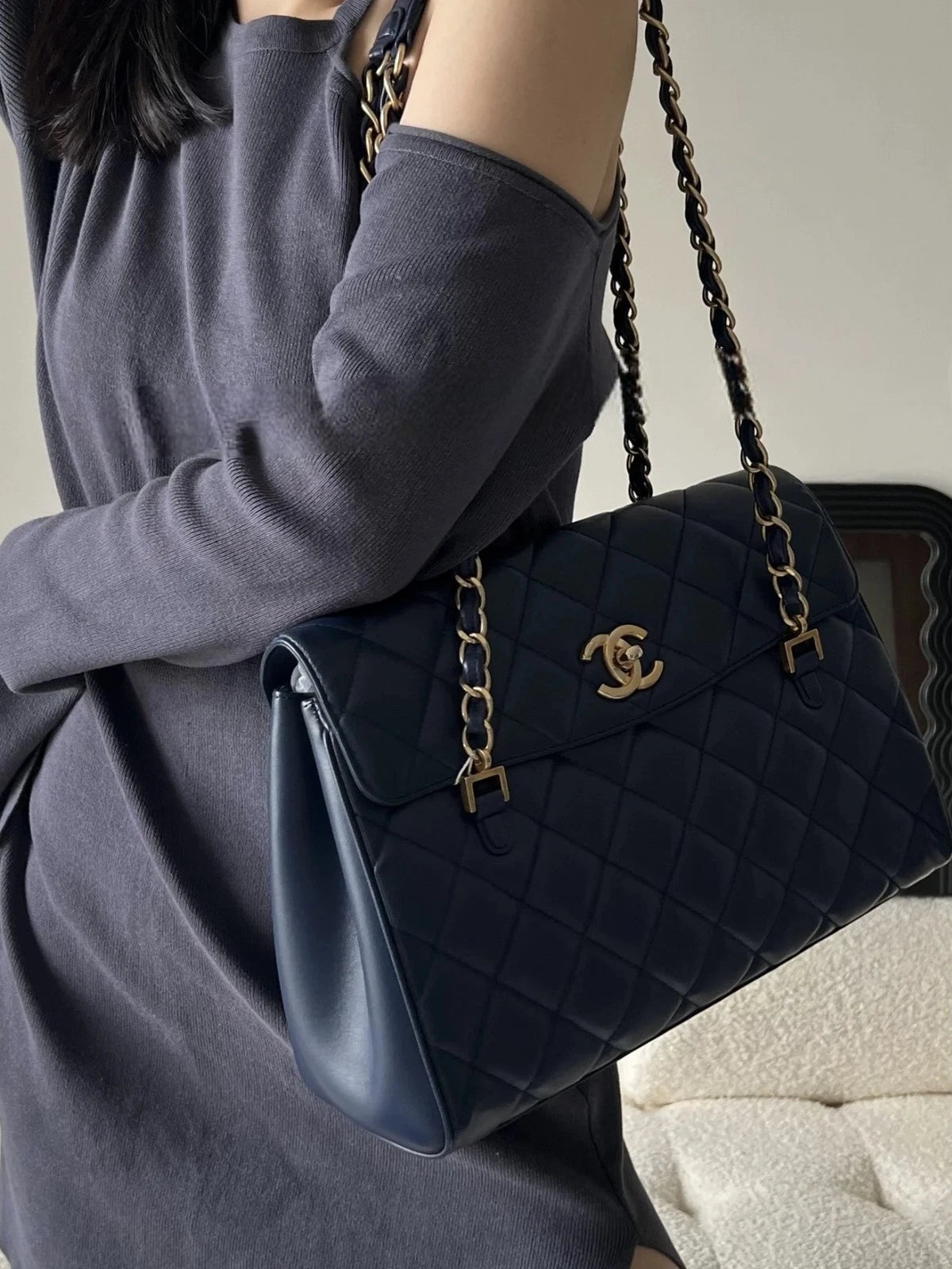 Chanel Diamond Tote Chain Shoulder Bag Blue Gold Used Women Classic