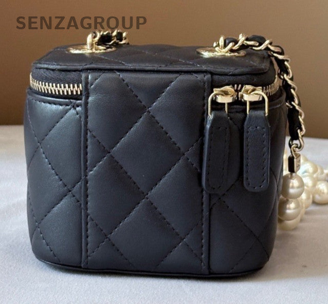 Chanel Lambskin Mini Pearl Chain Shoulder Bag Crossbody Black Gold Women Classic