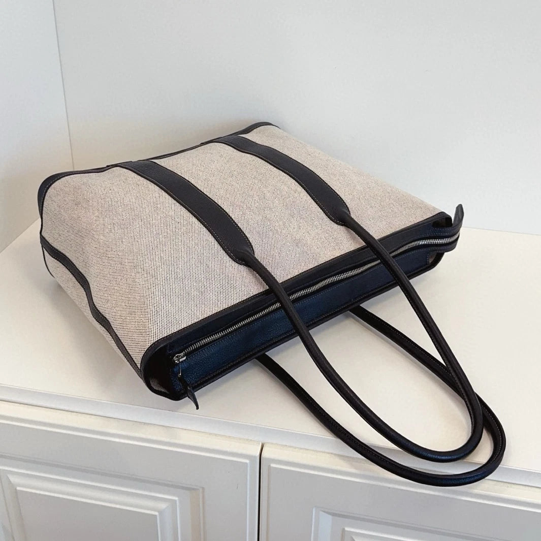 Hermes Garden Tote Canvas Top Handle Shoulder Bag White Women Classic