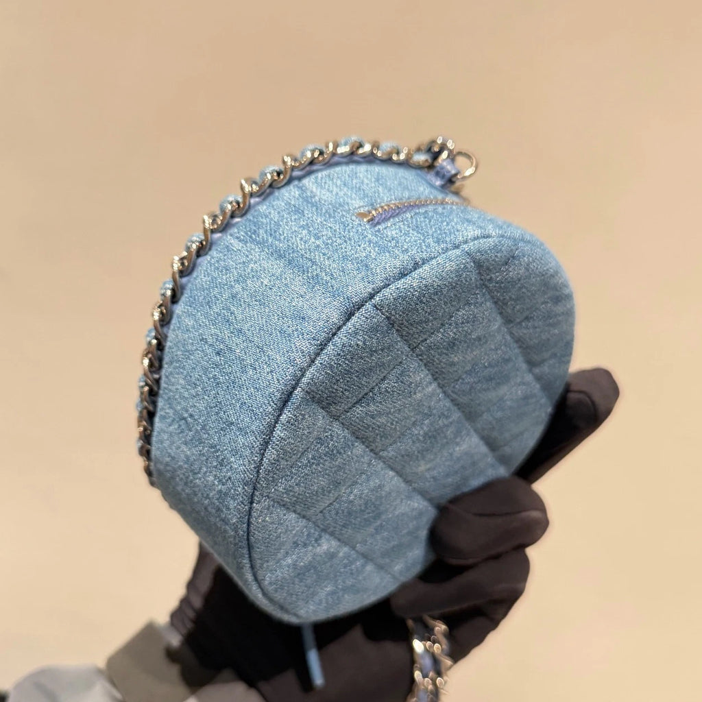 Chanel Denim Round Bag Chain Crossbody Blue Gold Diamond Women Classic