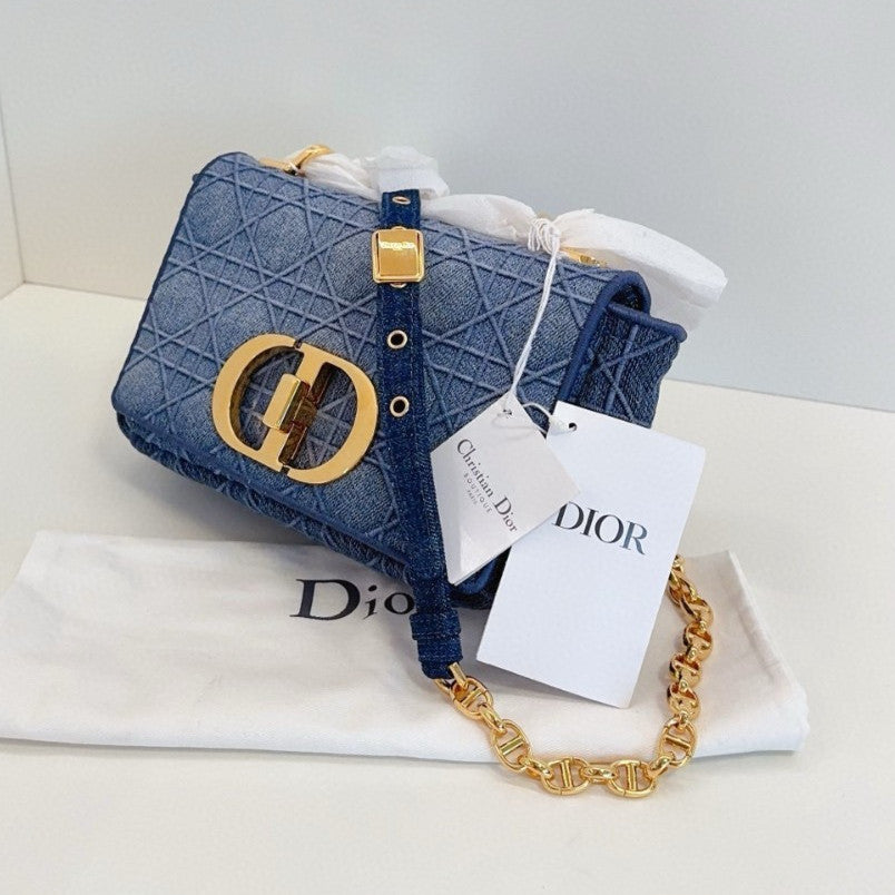 Christian Dior Caro PM Denim Wicker check pattern Chain Shoulder bag Blue Gold
