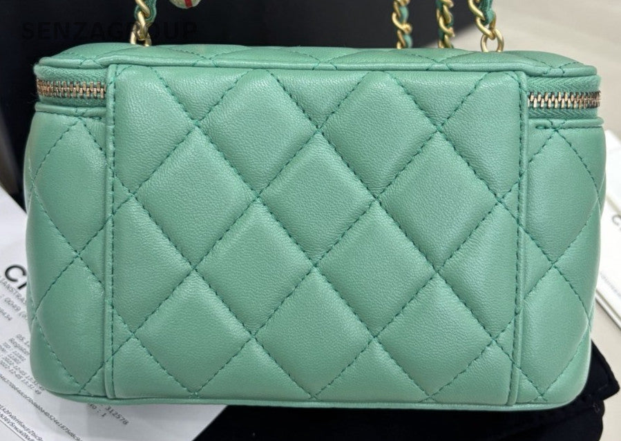 Chanel Chain Diamond Shoulder Bag Crossbody Green Gold Women Classic Zipping