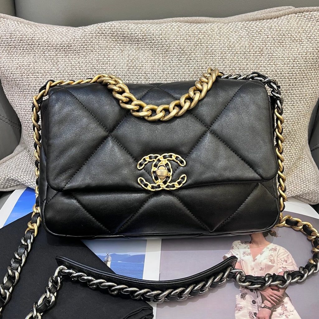 Chanel 19Bag PM Chain Top Handle Crossbody Black Gold Diamond Women Classic