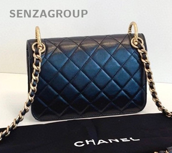 Chanel Classic Flap PM Calfskin Chain Shoulder Bag Crossbody Black Gold Women