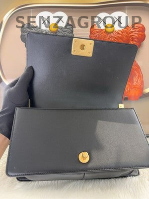 Chanel Black Caviar Leather Medium Le Boy Chain Shoulder Bag Quilted
