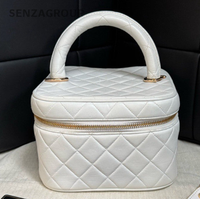 Chanel Diamond 2Way Top Handle Bag Chain Crossbody White Gold Women Classic
