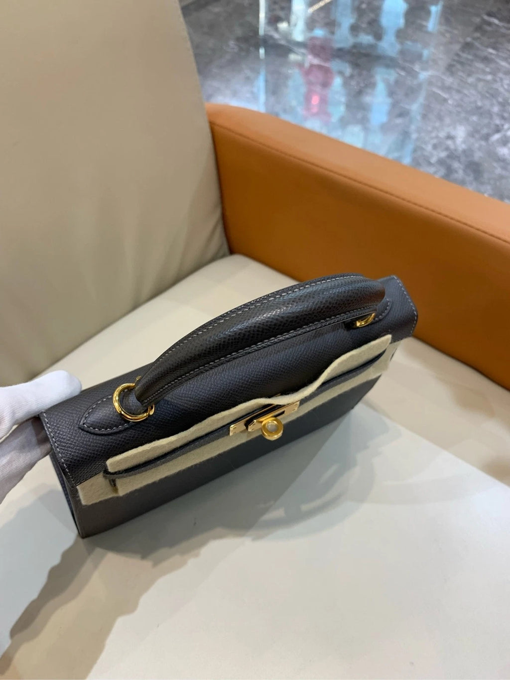 Hermes Kelly25 Grey Epsom Leather Women Top Handle Bag