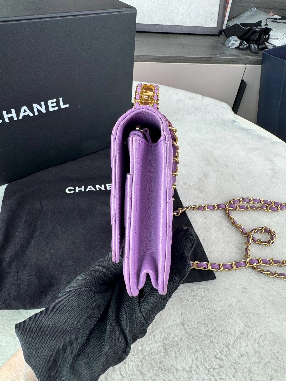 CHANEL Purple Leather Letter Handle WOC Crossbody Bag For Women